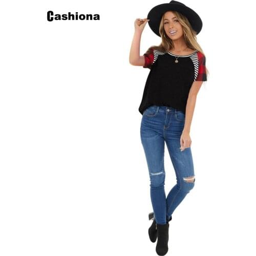 Cashiona 2021 Summer New Patchwork Top Ladies Elegant Leisure Casual T-shirt England Style Plaid Femme Tee Shirt Women Clothing