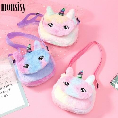 Monsisy Faux Fur Unicorn Bag For Girl Purse and Handbag Children Wallet Cute Winter Plush Crossbody Bag Kid Baby Money Coin Bags