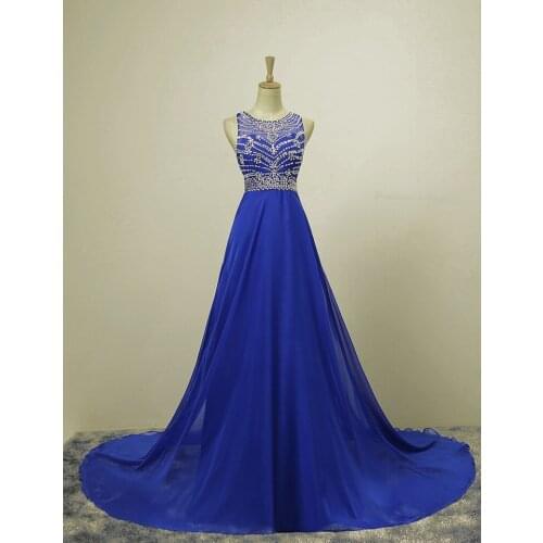 New Fashion Exquiste blue sleeveless upper body sequins handmade chiffon Elegant Dress Women Evening Party Dress
