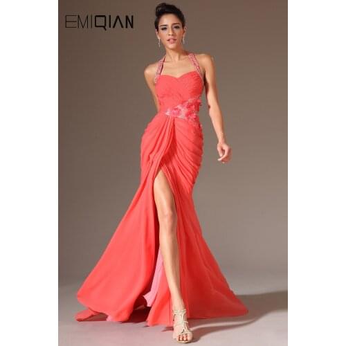 Freeshipping Halter Orange Chiffon Formal Evening Gowns Dresses