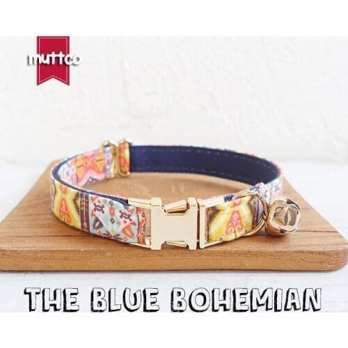 MUTTCO retail with gold high quality metal buckle collar for cat THE BLUE BOHEMIAN design cat collar 2 sizes UCC054J