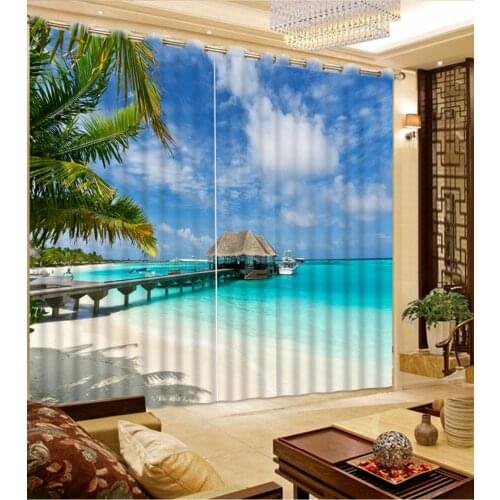 Custom Any Size Home Bedroom Decoration 3D Curtain Beach Wooden Bridge Pavilion Curtains For Bedroom Window Curtain