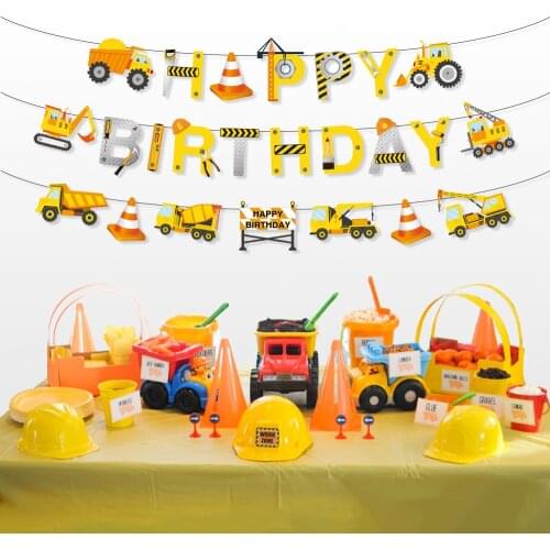 Happy Birthday Banner Construction Theme Party Decoration Cartoon Car Excavator Party Banners Boys Birthday Party Supplies