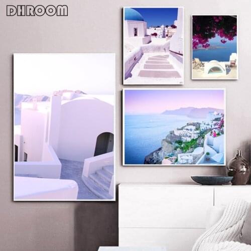 Santorini Greece Poster Print Pink Sea Mediterranean Ocean Wall Art Sunset Canvas Painting Modern Blue Church Island Home Decor