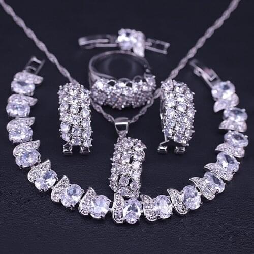 Shiny White Austrian Crystal Silver Color Jewelry Set For Women Hoop Earrings Ring Necklace Pendant Bracelet Set Costume Jewelry