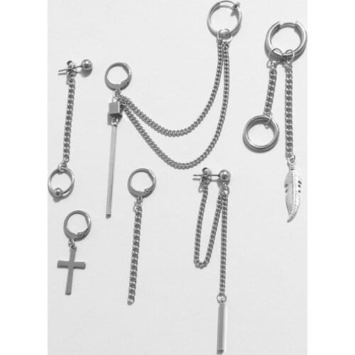 KPOP Earrings Titanium Steel Korean Bangtang Boys Leaf Pendant Double Chain Earring Jewelry Accessories For Men Women 6pcs/set