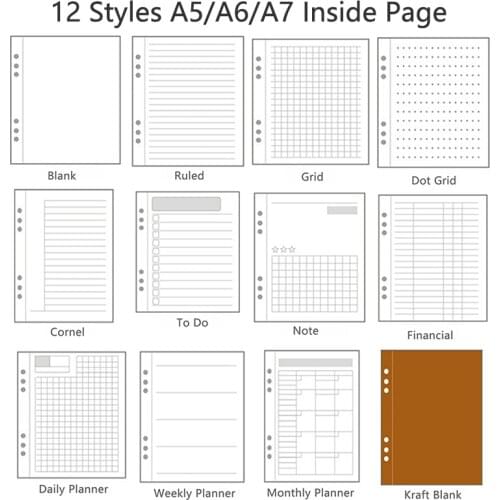 6 Hole A5/6/7 Binder Refill Inner Page Loose Leaf Notebook Inside Paper Round Hole Notepad Refill Inner Paper Core Dot Line Grid