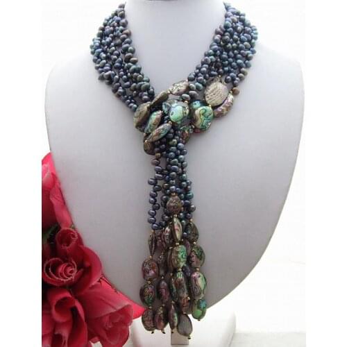 YYGEM 50" 3 Strands Natural black top-drilled rice freshwater Pearl Paua Abalone Shell sweater chain Necklace