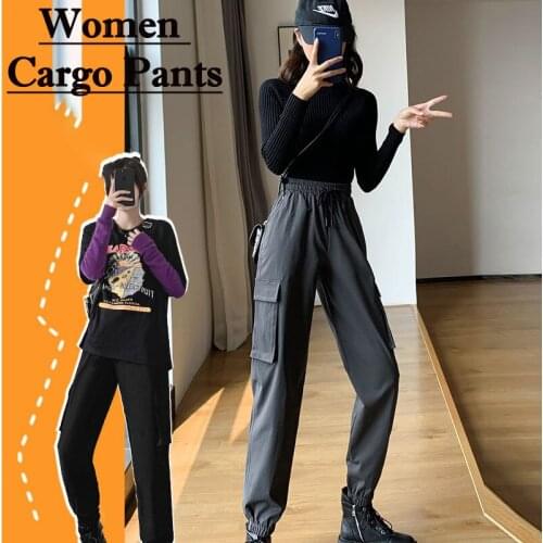 2020 Korea Womens Cargo Pants Casual Elestics Trousers Fashion Hip Hop High Waist Black Sports Streetwear Women Casual Pants