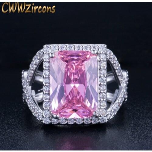 CWWZircons Top Quality Square Cut Cubic Zirconia Big Pink Stone Rings For Women Engagement Wedding Band Party Jewelry R067