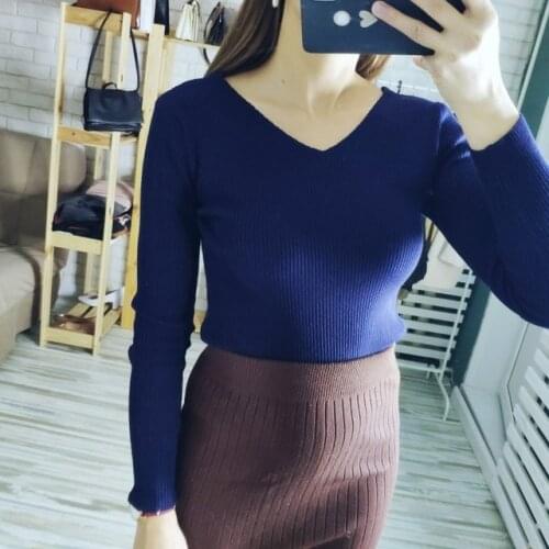 8 Colors 2020 Spring Autumn Knitted Pullover Womens V neck Long Sleeve Slim Sweater Pullovers M L XL XXL Plus Size Ladys Tops