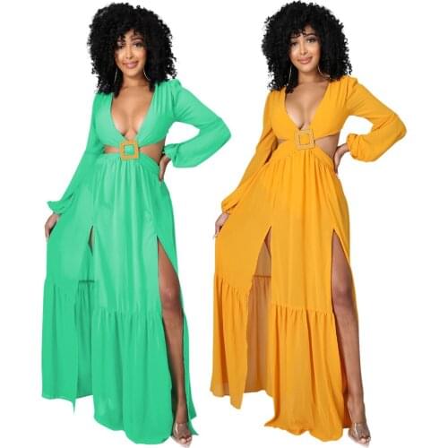 Sexy Hollow Out Pleated Long Dress with Zip Long Sleeve High Split Loose Maxi Vestidos Beach Style Sundress Holiday Outdoor Wear