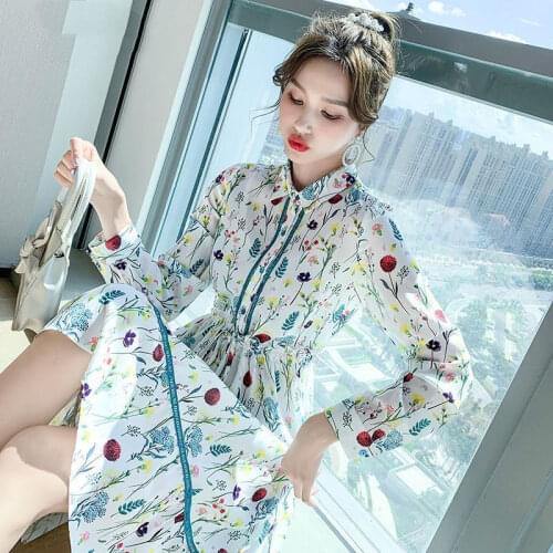 Spring 2021 New Temperament Shirt Dress Vestidos Womens Turn Down Collar Slim Vintage Chiffon Printted Office Midi Dress