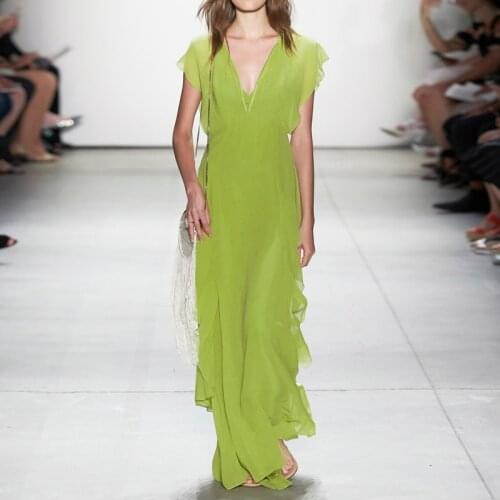 Summer dress 2021 new super long ankle fashion V-neck green chic ruffled super fairy chiffon long dress woman