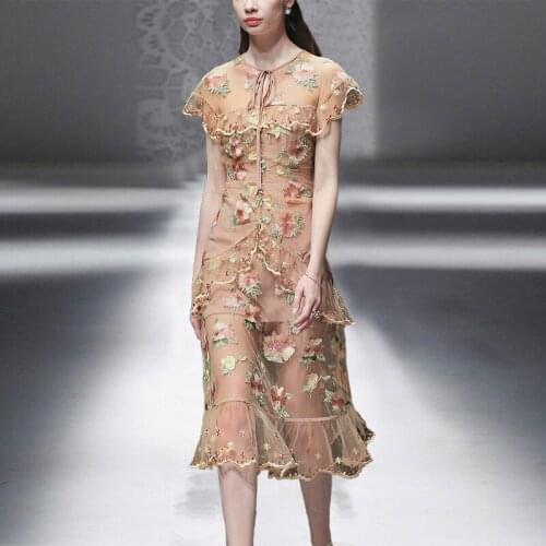 2020 Vintage Runway Fashion Designer Floral Ruffle Mesh Elegant Ladies Mermaid Dresses Women Embroidered Summer Dress Vestidos