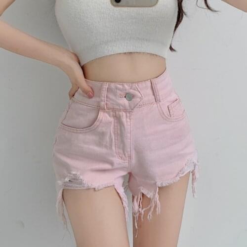 Zoki Ripped Women Denim Shorts Summer High Waist Tassel Korean Pink Jeans Wide Leg Shorts Sexy Hole Black Casual Shorts New