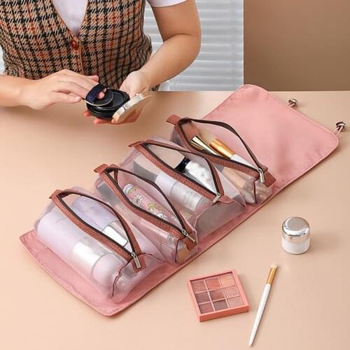 3 Colors Attractive Strap Buckle Independent Compartment Cosmetic Bag Nylon Makeup Pouch Foldable for Women