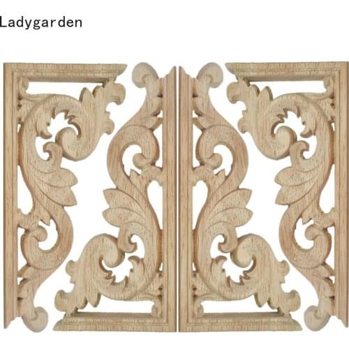4PCS 13/19cm Woodcarving Decal Corner Applique Frame Door Decorate Wall Doors Furniture Decorative Statues Wooden Sculptures