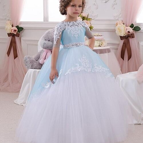 Ball Gown Flower Girl Dress Elegant Half Sleeves Appliques Beading Sash Pageant Dress for Kids Children First Communion Dresses