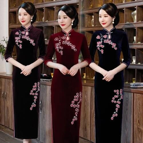 Velvet Cheongsam 2020 Long Style Retro Velvet Cheongsam Slim Collar High Slit Skirt Traditional Chinese Lady Silk Evening Qipao