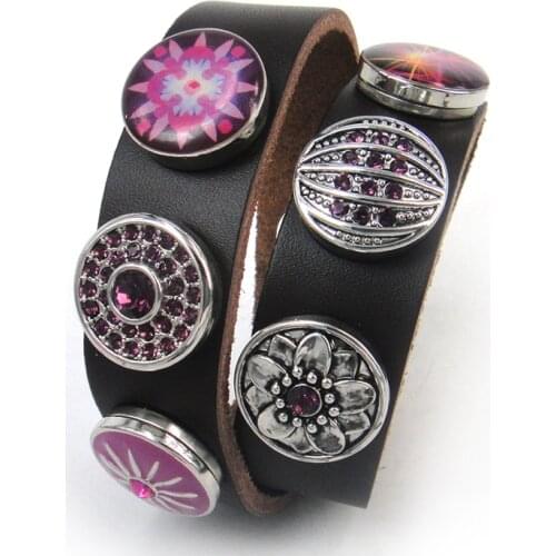 Free shipping brown Leather with purple tone double Wrap Bracelet purple rhinestone CZ stone metal button leather Bracelet