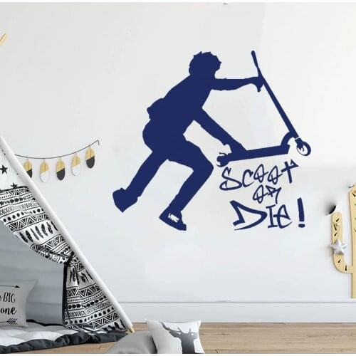 Large Stunt Scooter Trick Wall Sticker Kids Room Nursery Cartoon Scoote Or Die Inspiratinal Quote Wall Decal Playroom Boy Room V