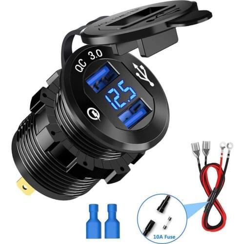 Quick Charge 3.0 36W Car Dual USB Charger QC3.0 Waterproof with Voltmeter Switch for 12V/24V Motorcycle ATV Boat Marine RV