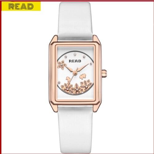 Fashion Simple Women Watches Quartz Movement watch flower surface White Leather Strap Waterproof Rectangle Clock watch for women