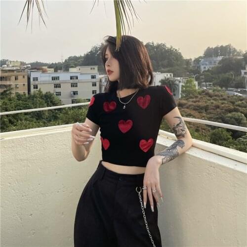 Summer O Neck Lady Red Heart Slim Sexy Tshirt Harajuku Girl Short Length T Shirt Gothic Black Tees Tops Basic Cool Streetwear