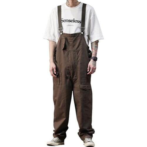 2021 Loose Bib Overalls Jumpsuits For Mens Cotton Fashion Multi-Pocket Straight Pants Street Hip Hop Khaki Brown Trousers