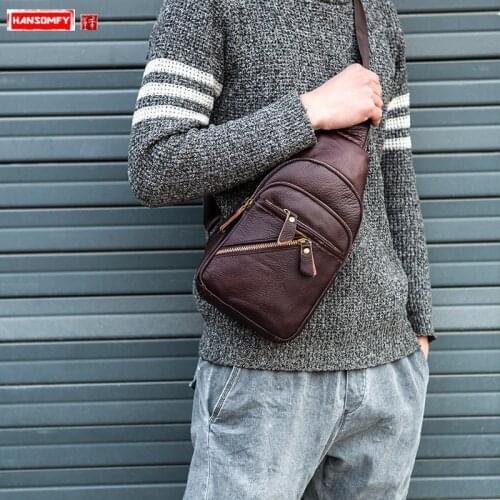 Leather chest bag mens Korean version of the crossbody bag top layer leather small men waist pack leather shoulder bags fashion