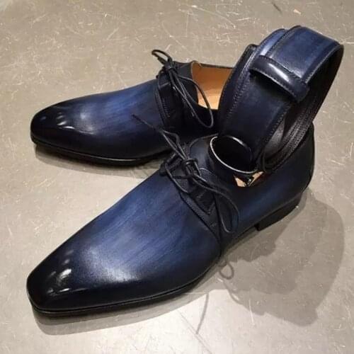 Mens Pure Color Gradient Handmade PU Low Heel Strap Pointed Toe Four Seasons Fashion Trend Business Casual Shoes KA032