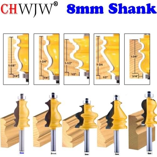 CHWJW 5PC 8mm Shank Casing & Base Molding Router Bit Set CNC Line knife Woodworking cutter Tenon Cutter for Woodworking Tools