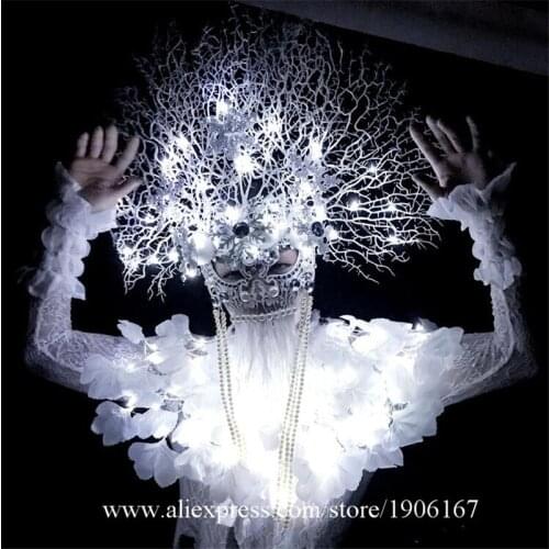 Newest White Led Light Branches Clothing Stage Ballroom Costume Party Christmas Performance DJ Singer Clothes Dance Team Suit