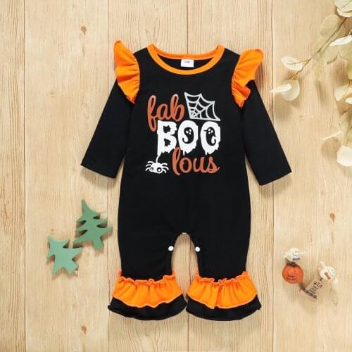 New Baby Girls Halloween Romper Black Letters and Spider Printed Pattern Long Sleeve Ruffle Jumpsuit