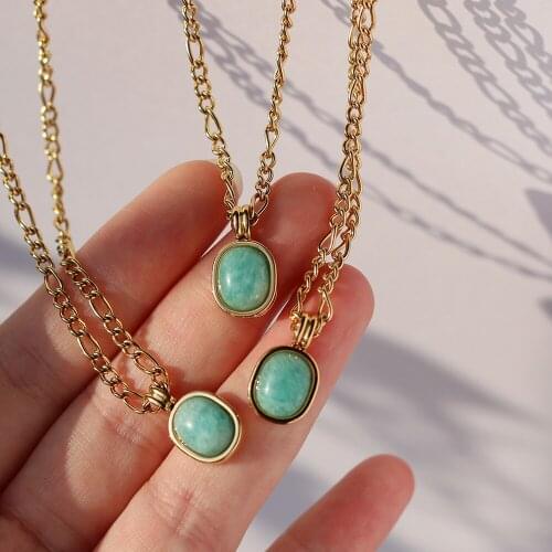 MODAGIRL Bohemian Style Oval Natural Stone Amazonite Pendant Necklace for Women Stainless Steel 18K Gold Plated Healing Necklace