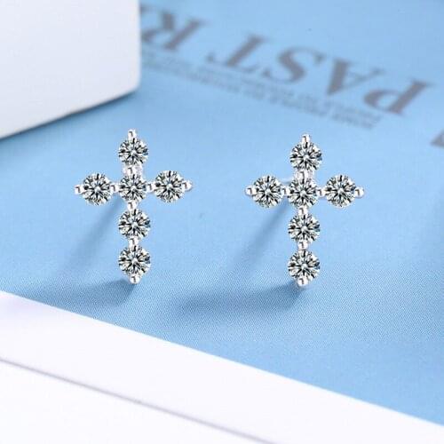 Trendy Crystal Stone Wedding Earrings Luxury Female Small Cross Stud Earrings Real 925 Sterling Silver Earrings For Women Bridal