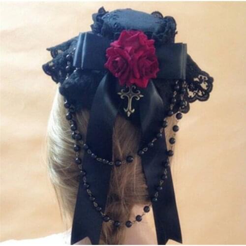 HandMade Lolita Dark Gothic Rose Pill Hairpin Top Hat Side Clip Headdress Cross Hair Accessories D430
