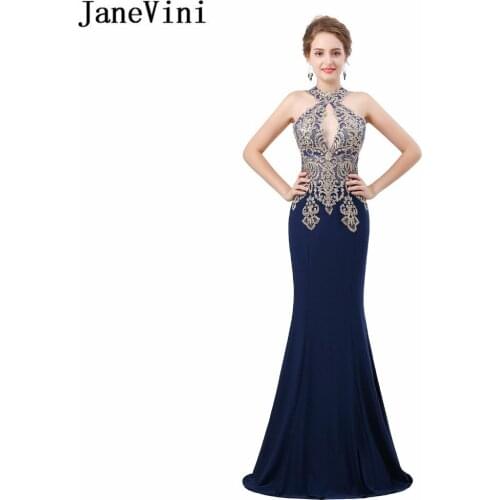 JaneVini Sexy Mermaid Party Prom Dress Beaded Navy Long Bridesmaids Dresses for Women Gold Lace Ladies Ceremony Formal Gown 2018