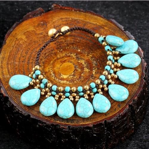 FYJS Unique Copper Beads Stackable Water Drop Green Turquoises Stone Stretchy Bracelet Ethnic Style Jewelry