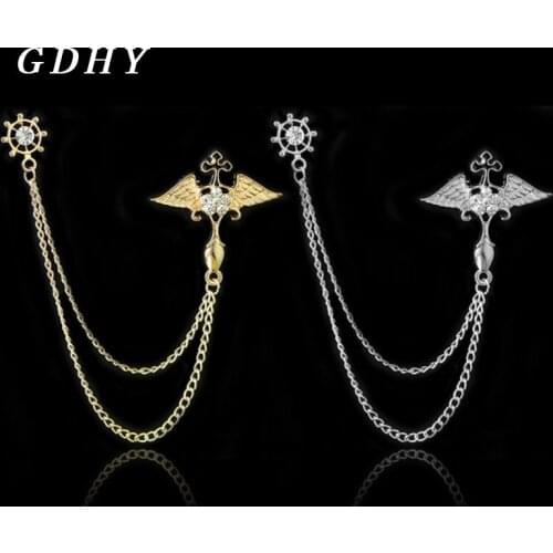 GDHY Vintage Angel Wing Cross Heart-shaped Brooch More Layers Tassel Chain Pin For Mens Suit Shirt Collar Pins Collar Brooches