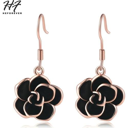 Vintage Black Rose Shaped Piercing Drop Earring for Women Rose Gold Color Fashion Jewelry Xmas Gift E089 E090