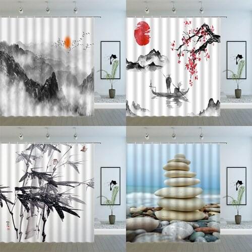 Chinese Style Ink Painting Scenery Shower Curtains Stone Bamboo Tree Plant Landscape Bathroom Polyester Cloth Hanging Curtain