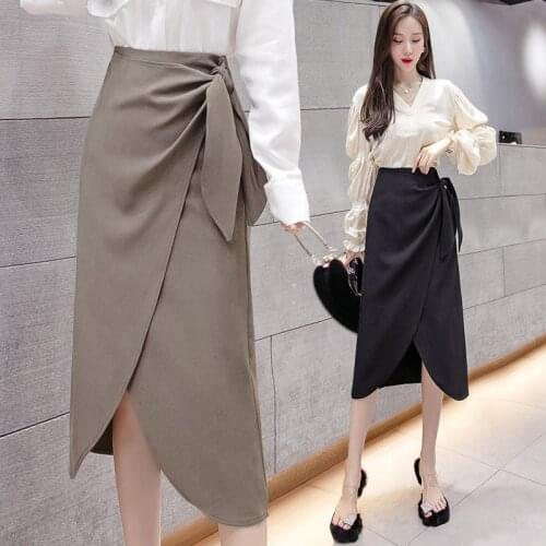 Womens Mid-length Skirt 2021 Spring & Summer Solid Color Lace-up Sexy Hip Skirt High-waist Fashion A-line Midi Skirt BSQ334