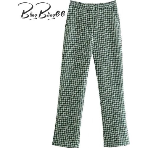 BlingBlingee Za 2021 Autumn Winter Woman Traf Trousers Thick Green Tweed Woolen Casual Ankle Length Straight Leg Plaid Pants