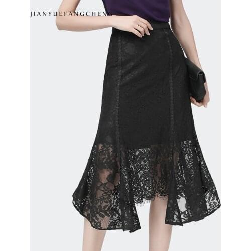 Fashion Hook Flower Hollow Out Black Lace Skirt Irregular Draped A-Line Women Summer Skirts Elegant Sexy Plus Size Office Bottom