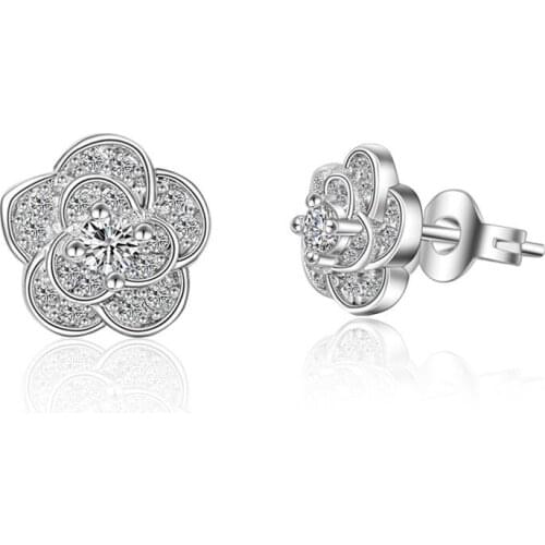 Utimtree Elegant 925 sterling silver Womens Cubic Zirconia Earrings Jewelry Simple Flower Shape Stud Earring for Wedding Gift
