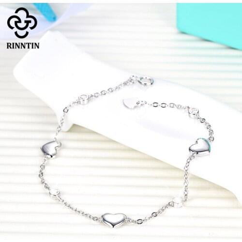 Rinntin S925 Sterling Silver Chain Bracelet Sweet Heart Design AAA Zircon Women Bracelets Party Jewelry Dating Gift TSB02