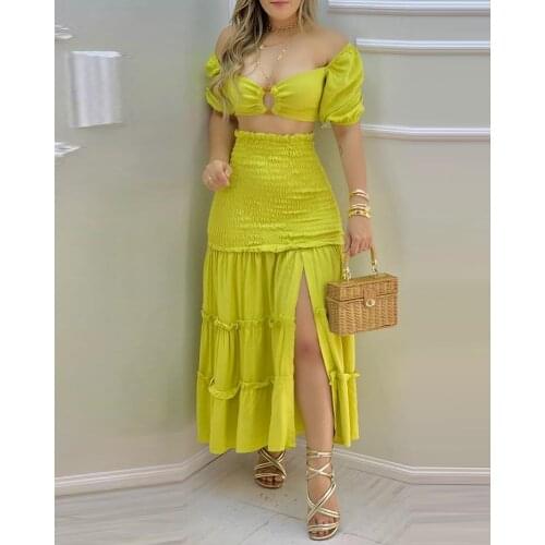 Elegant 2 Piece Set Women Outfits Crop Top & Frill Hem Shirred Slit Maxi Skirt Set Casual Sets Clothes Yellow Summer Sets