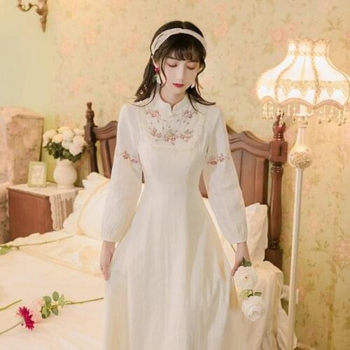 French Vintage Dress Women Spring 2021 New Womens Stand-Up Collar Cotton Embroidery Elegant And Thin Mid-Length Dress Women